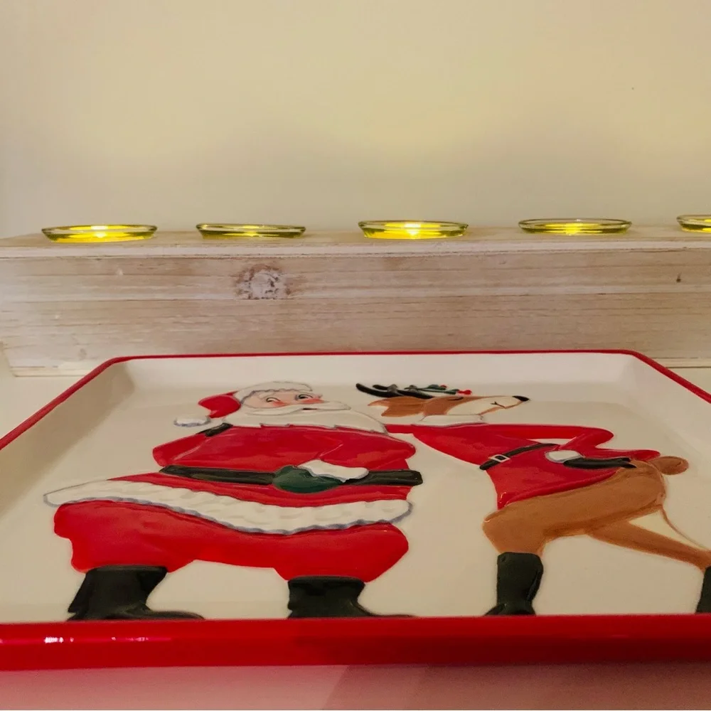 Department 56 Vintage Santa & Reindeer Christmas Holiday Serving Tray Excellent